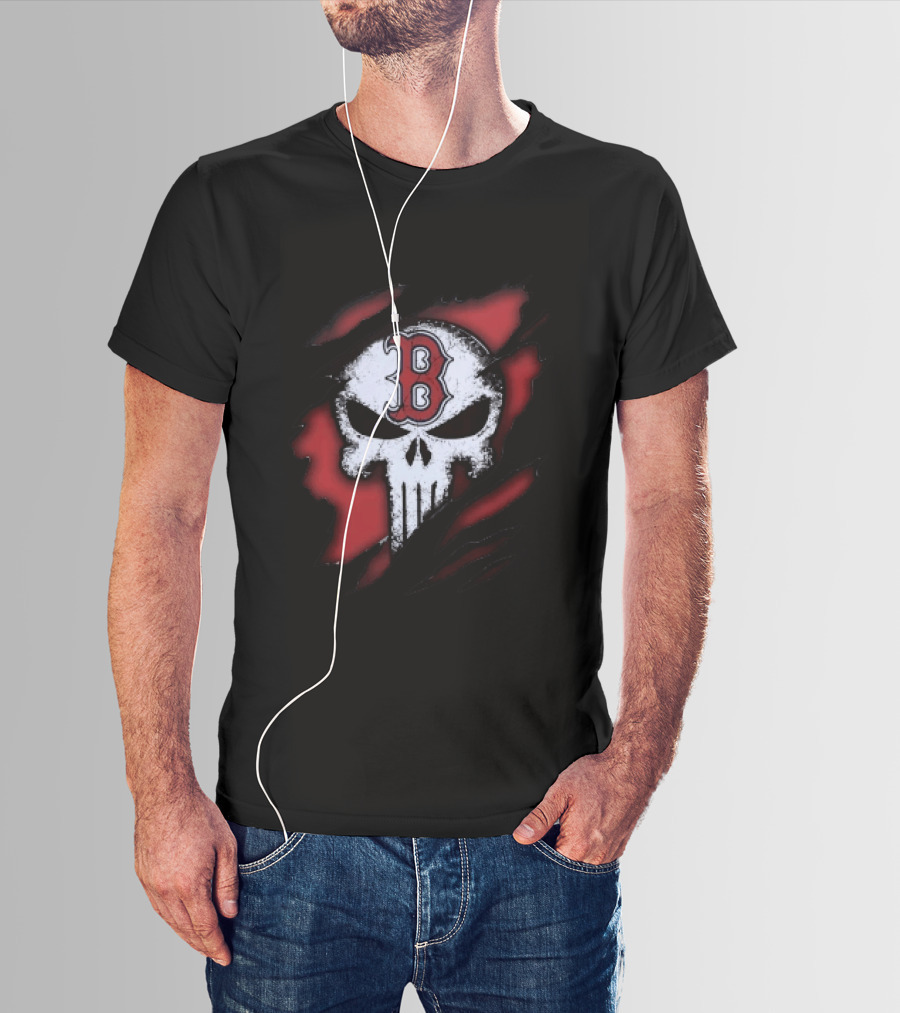 Boston Red Sox Skull Punisher Shredded Effect T-Shirt