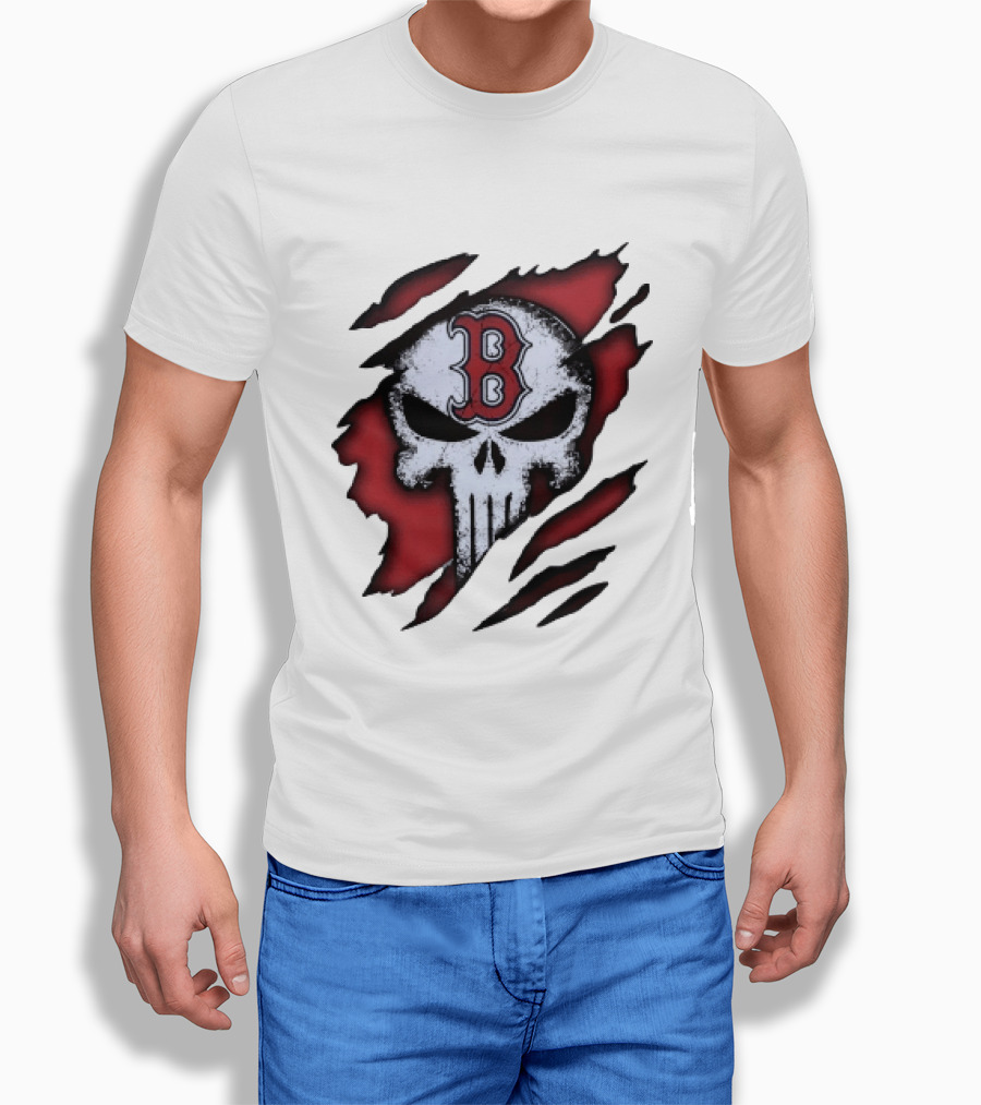 Boston Red Sox Skull Punisher Shredded Effect T-Shirt
