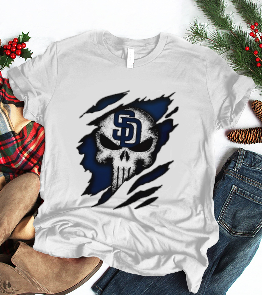 SD Punisher Skull Ripped Fabric San Diego Padres T-Shirt