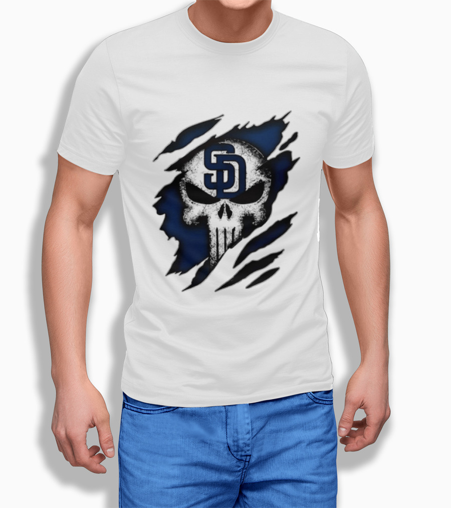 SD Punisher Skull Ripped Fabric San Diego Padres T-Shirt