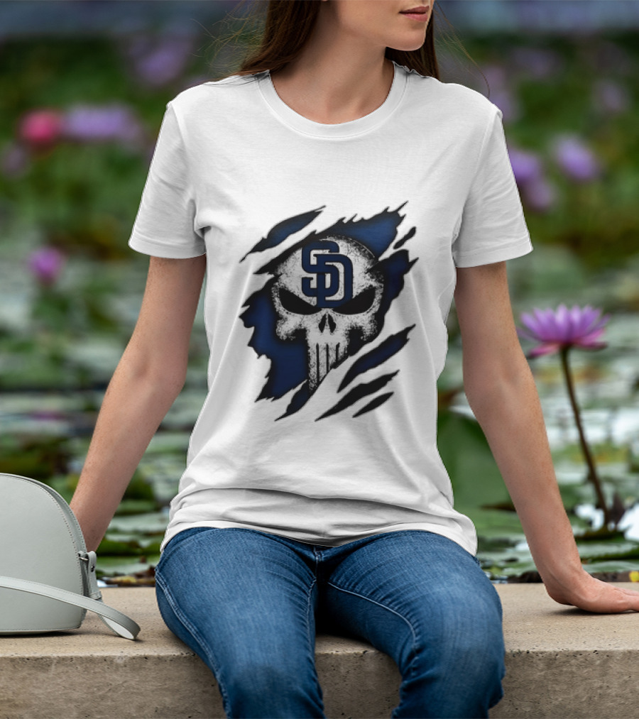 SD Punisher Skull Ripped Fabric San Diego Padres T-Shirt