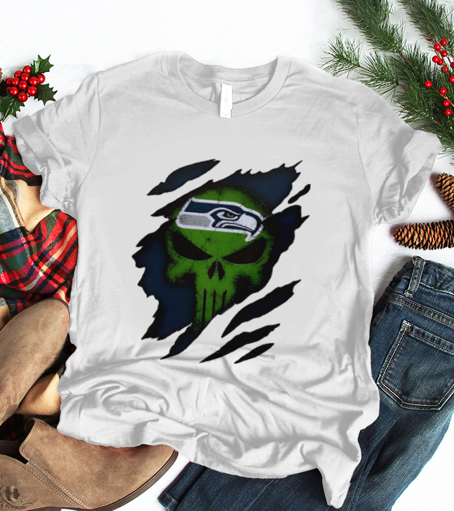 Seattle Seahawks Punisher Skull Ripped Fabric T-Shirt