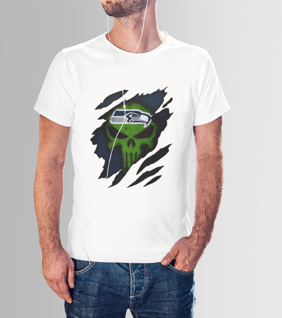 Seattle Seahawks Punisher Skull Ripped Fabric T-Shirt