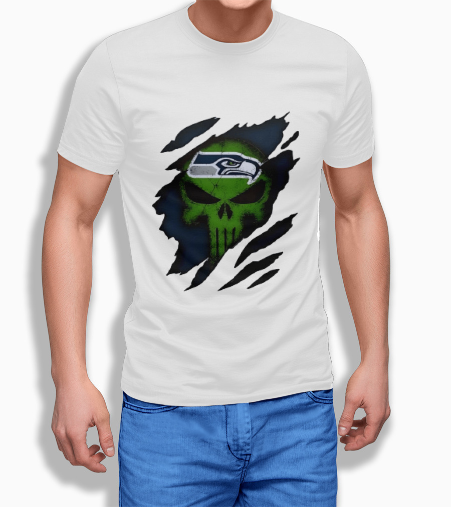 Seattle Seahawks Punisher Skull Ripped Fabric T-Shirt