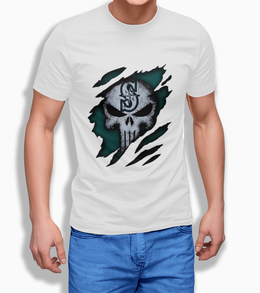 Seattle Mariners Punisher Skull Grunge Tear Effect T-Shirt