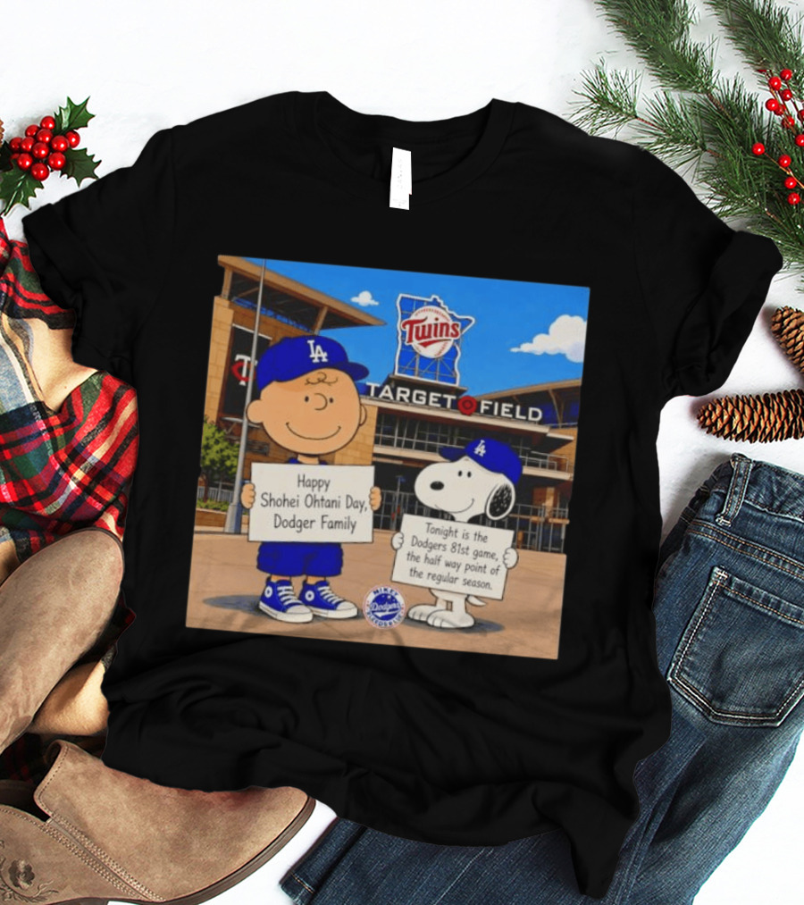 Snoopy And Charlie Brown Happy Shohei Ohtani Day Dodgers Twins Target Field T-Shirt