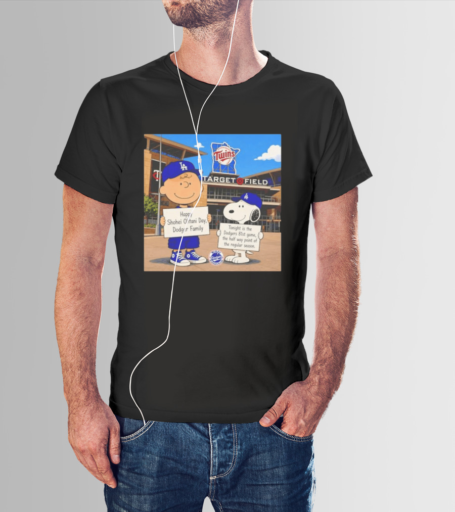 Snoopy And Charlie Brown Happy Shohei Ohtani Day Dodgers Twins Target Field T-Shirt