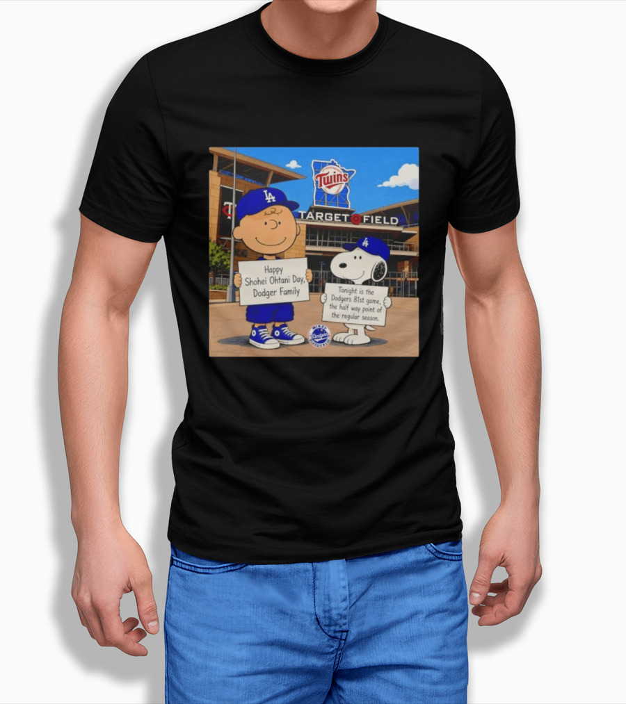 Snoopy And Charlie Brown Happy Shohei Ohtani Day Dodgers Twins Target Field T-Shirt