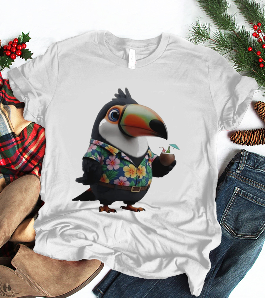 Cartoon Toucan In Hawaiian With Tropical Coconut Drink T-Shirt