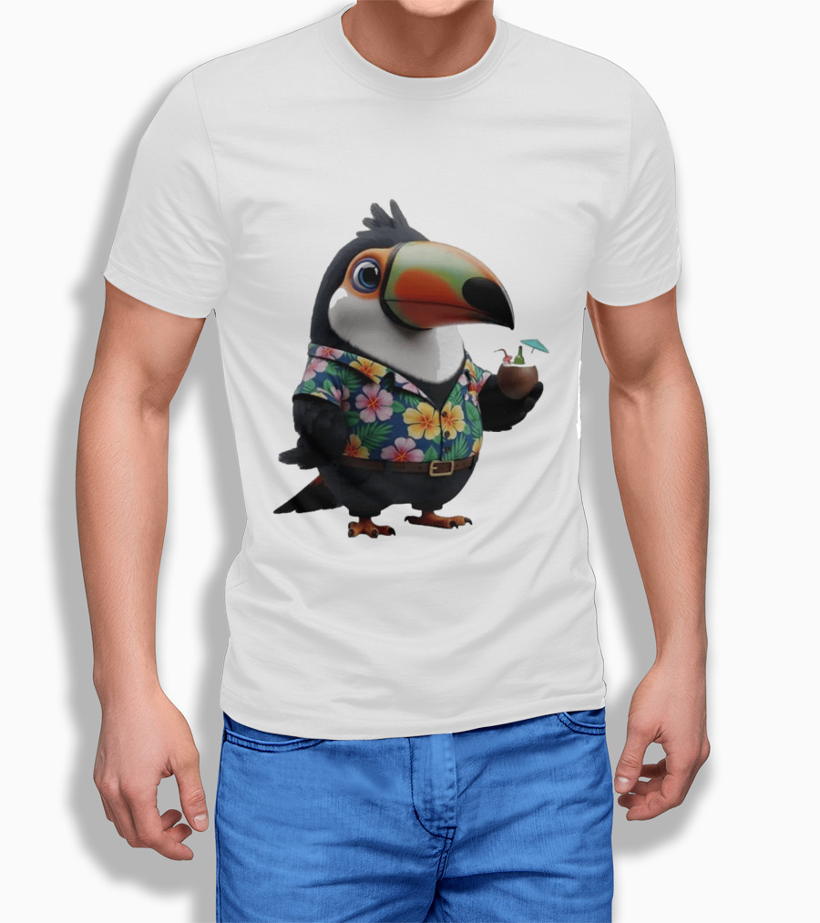 Cartoon Toucan In Hawaiian With Tropical Coconut Drink T-Shirt