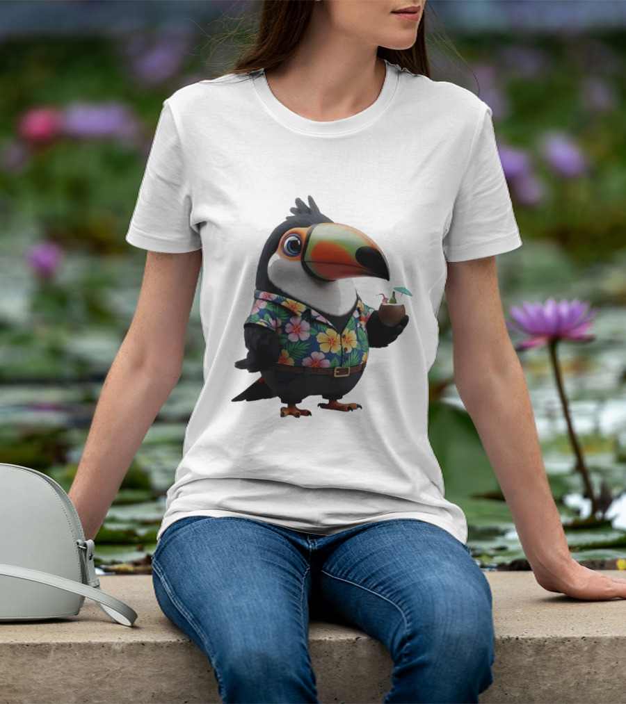 Cartoon Toucan In Hawaiian With Tropical Coconut Drink T-Shirt