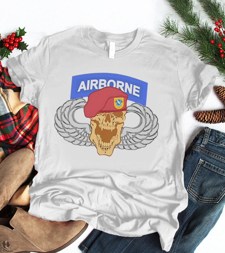 Airborne Skull Maroon Beret Parachutist Wings T-Shirt
