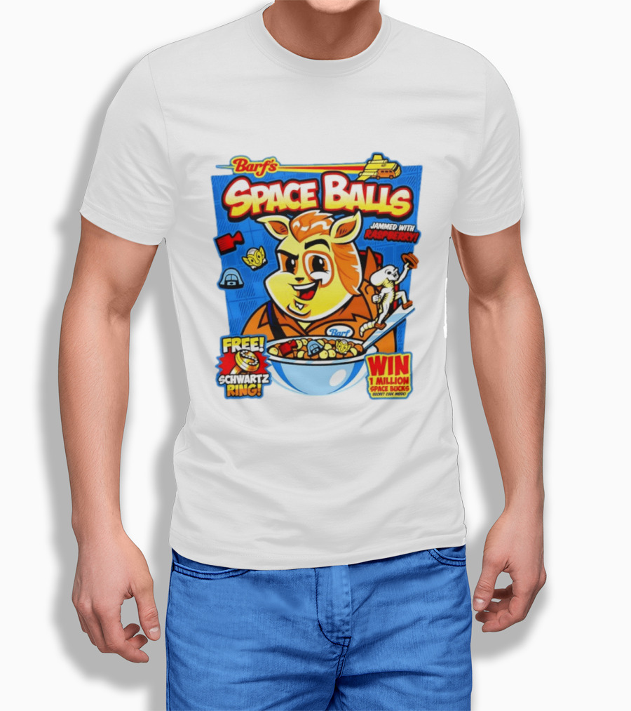 Barf Space Balls Cereal Box Jammed With Raspberry Free Schwartz Ring Win 1 Million Space Bucks T-Shirt