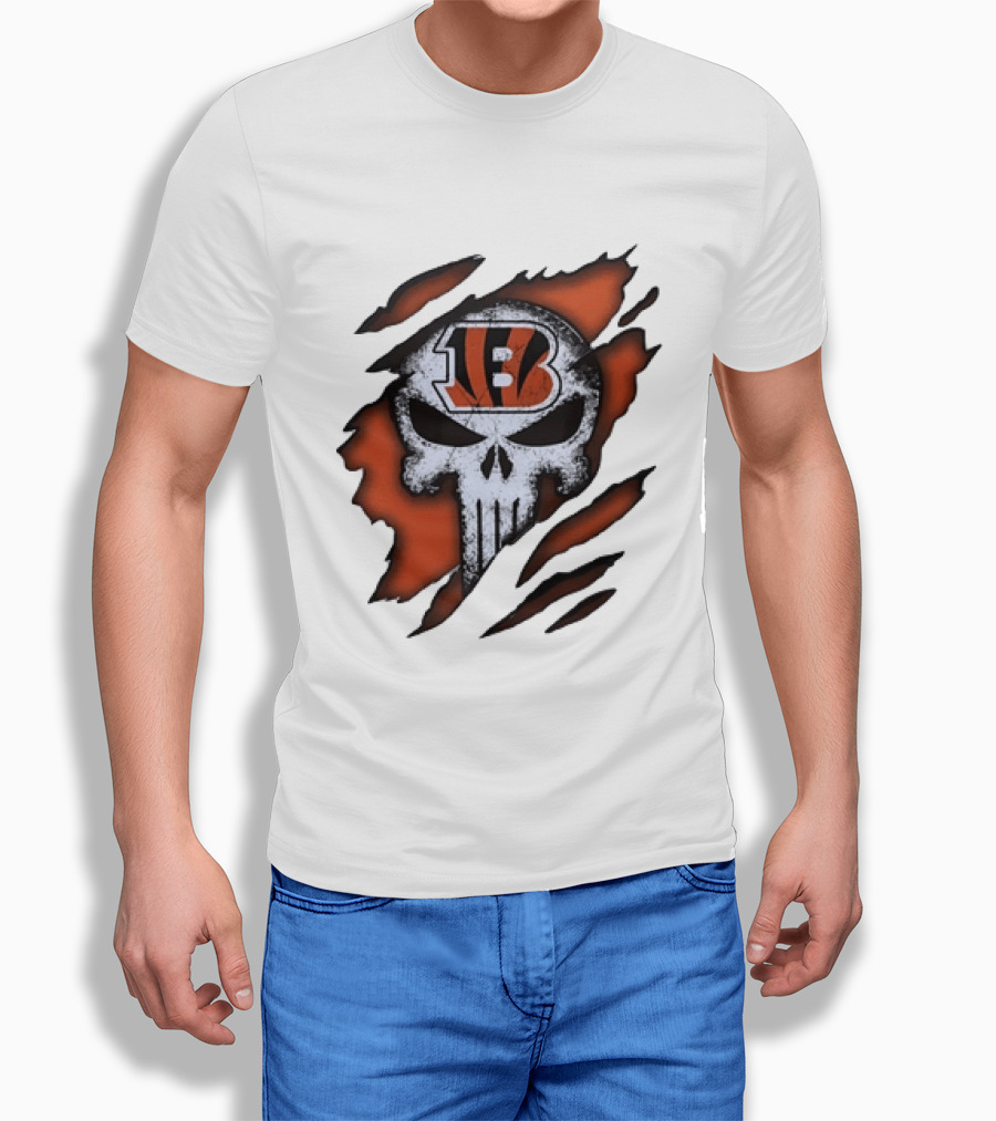 Cincinnati Bengals Punisher Skull Ripped T-Shirt