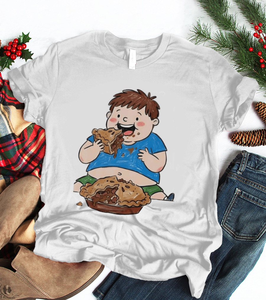 Funny Eating Pies Cartoon Boy Indulging In Delicious Pastry T-Shirt