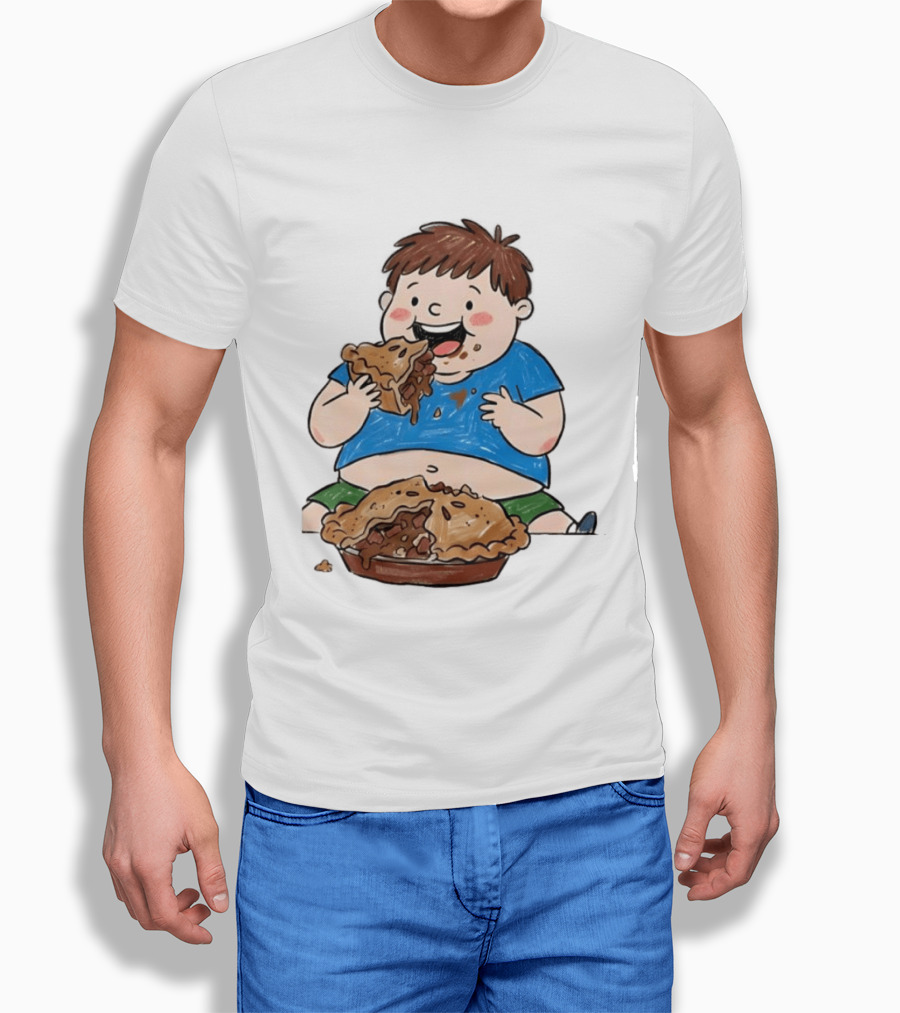 Funny Eating Pies Cartoon Boy Indulging In Delicious Pastry T-Shirt