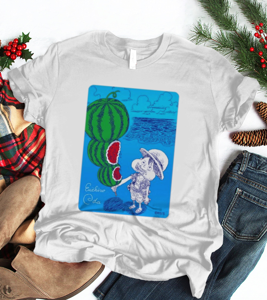 Monkey D Luffy Watermelon Eating Art By Eiichiro Oda One Piece Ocean Scene T-Shirt