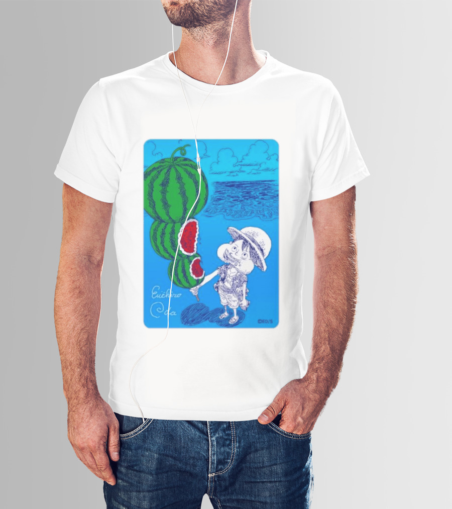 Monkey D Luffy Watermelon Eating Art By Eiichiro Oda One Piece Ocean Scene T-Shirt
