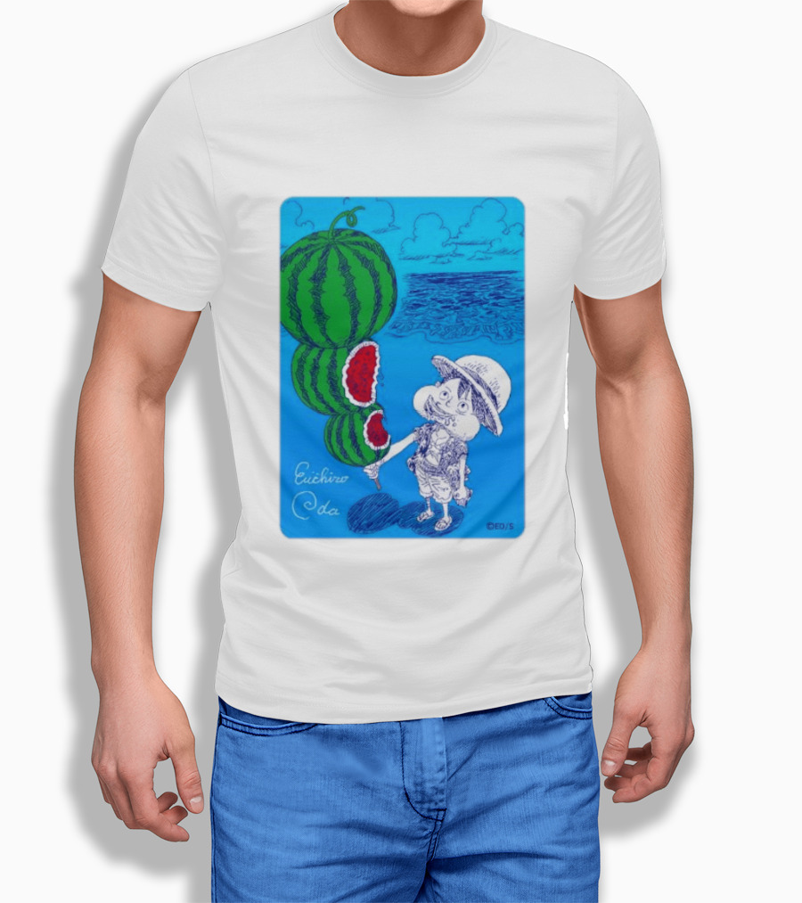 Monkey D Luffy Watermelon Eating Art By Eiichiro Oda One Piece Ocean Scene T-Shirt