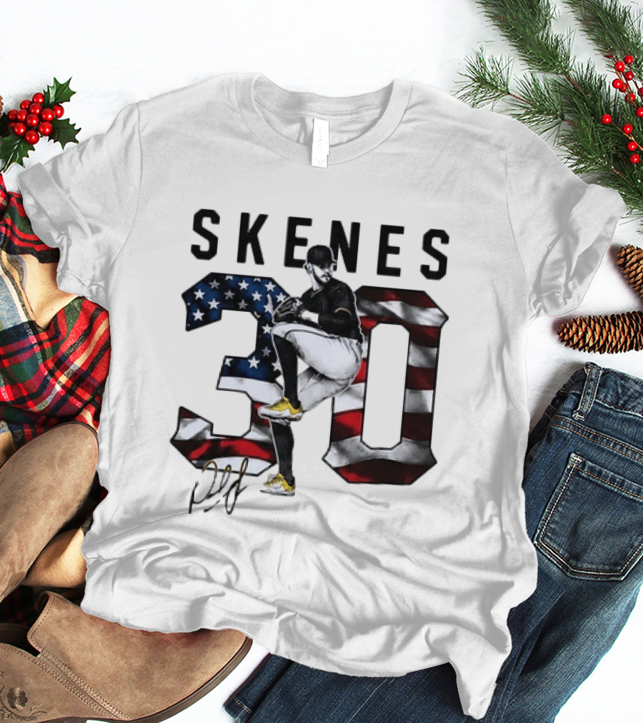 Skenes 30 Pitching Pose Pittsburgh Pirates American Flag Baseball T-Shirt