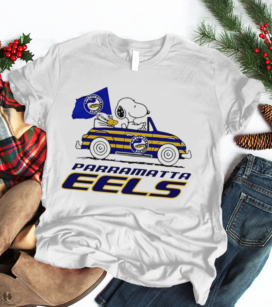 Snoopy Driving Car With Parramatta Eels Flag National Rugby League T-Shirt