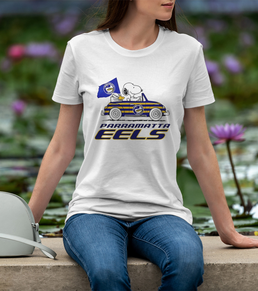 Snoopy Driving Car With Parramatta Eels Flag National Rugby League T-Shirt