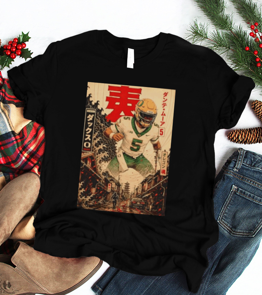 Dante Moore Number 5 Oregon Ducks Football Japanese Art Style Rugged City Scene T-Shirt