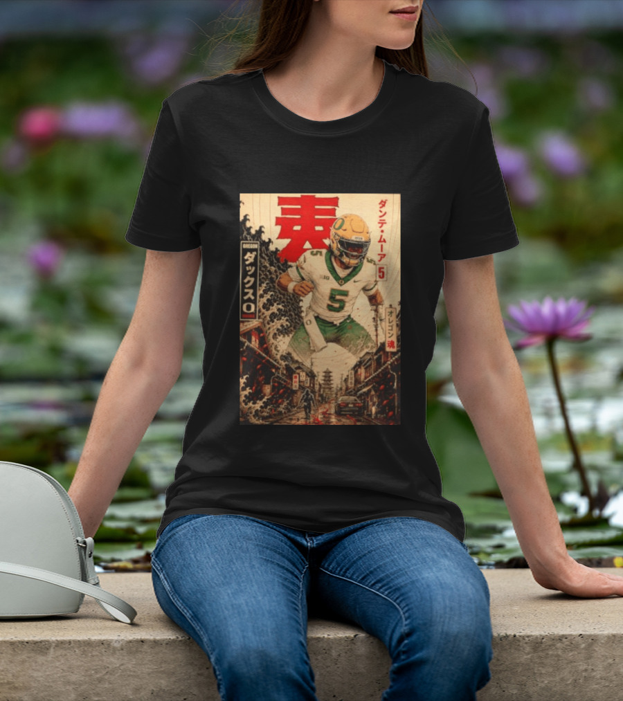Dante Moore Number 5 Oregon Ducks Football Japanese Art Style Rugged City Scene T-Shirt