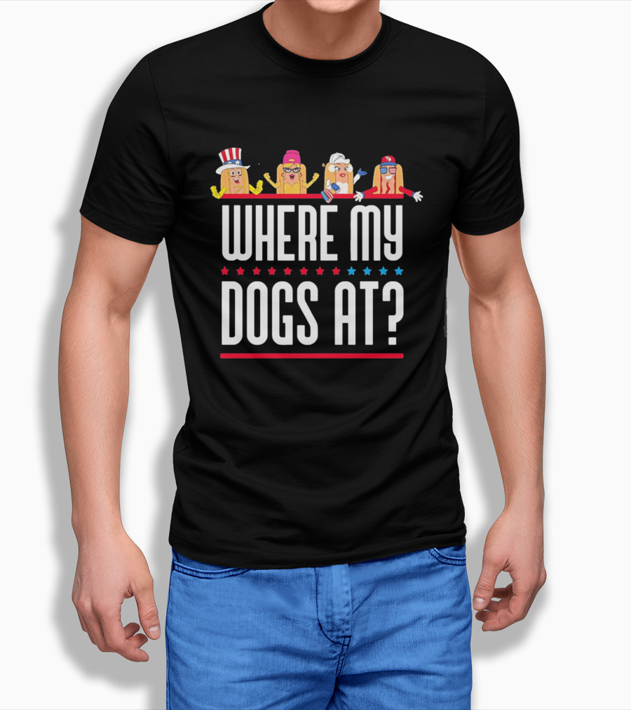 Independence Day Party Friends Where My Dogs At Patriotic Hotdog Characters T-Shirt