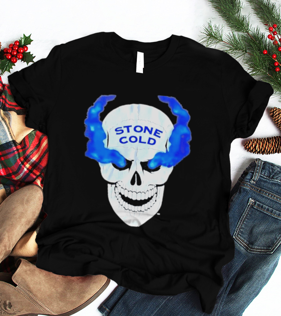 Stone Cold Skull WWE Wrestling Iconic Blue Flames T-Shirt