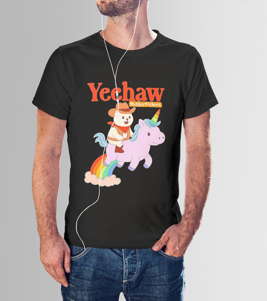 Yeehaw Motherfuckers Cat Cowboy On Rainbow Unicorn T-Shirt
