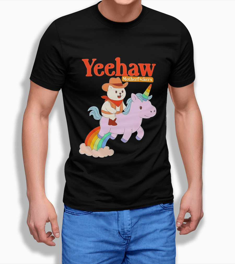 Yeehaw Motherfuckers Cat Cowboy On Rainbow Unicorn T-Shirt