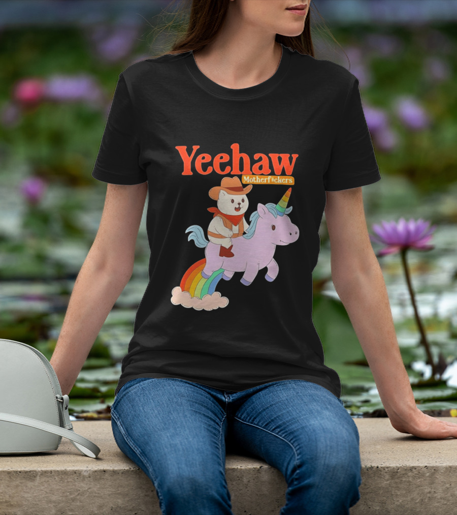 Yeehaw Motherfuckers Cat Cowboy On Rainbow Unicorn T-Shirt