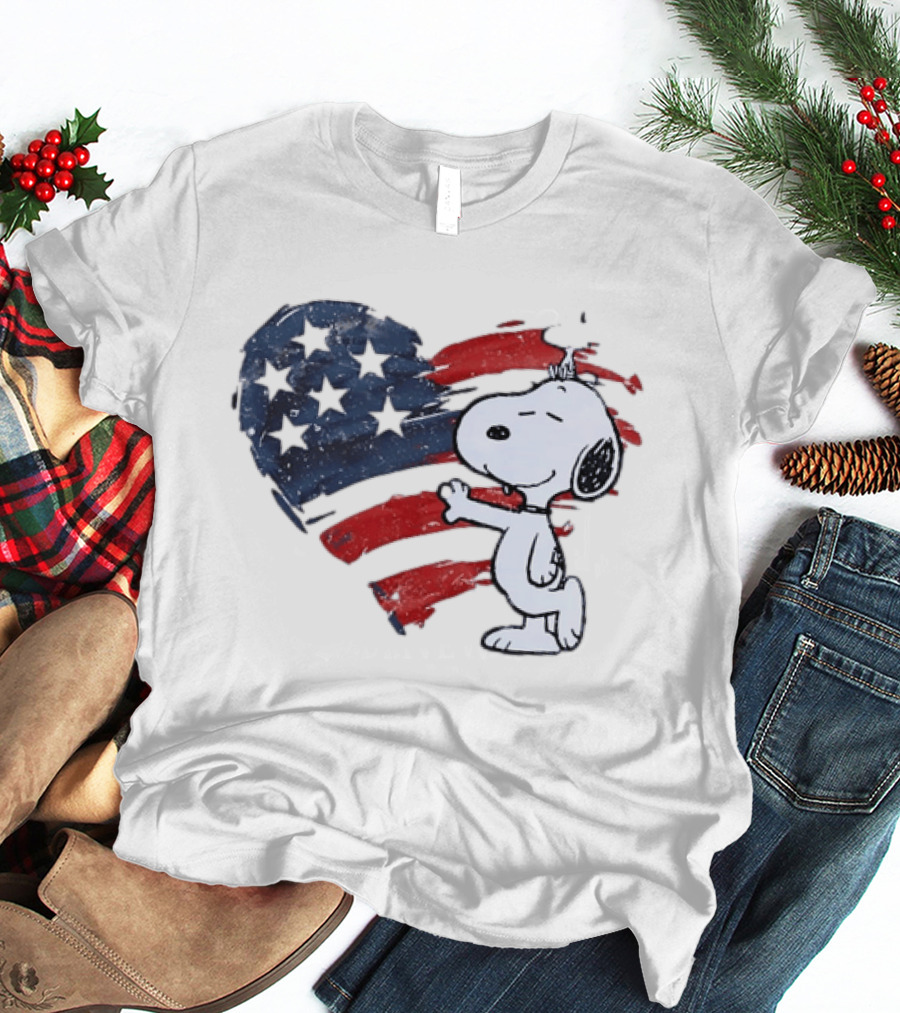 Snoopy Woodstock American Flag Heart Hug T-Shirt
