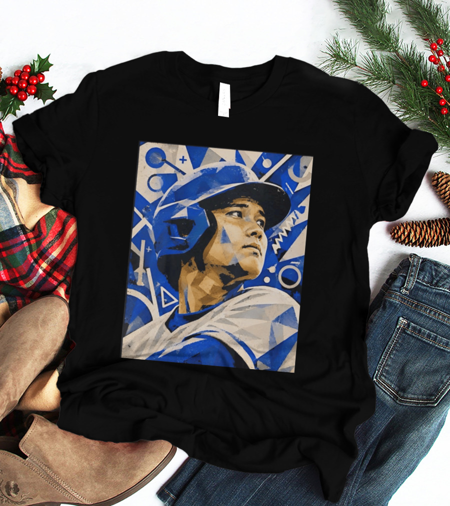 Baseball Player In Geometric Blue Abstract T-Shirt
