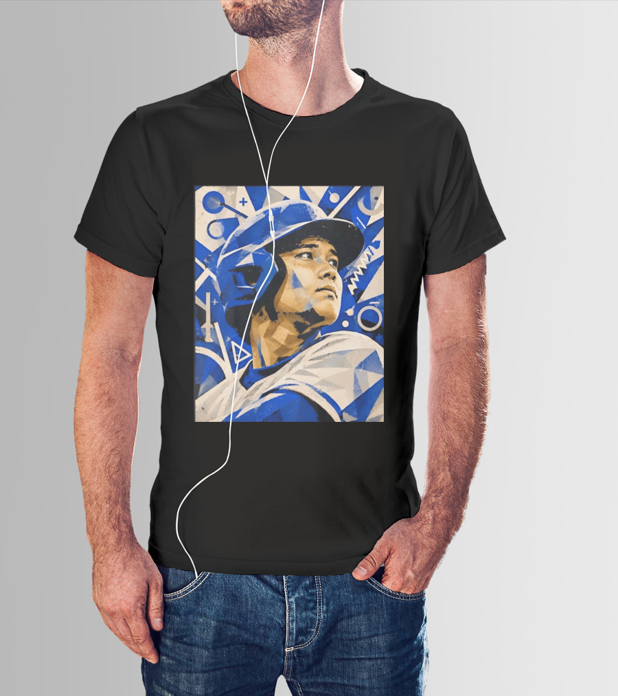 Baseball Player In Geometric Blue Abstract T-Shirt