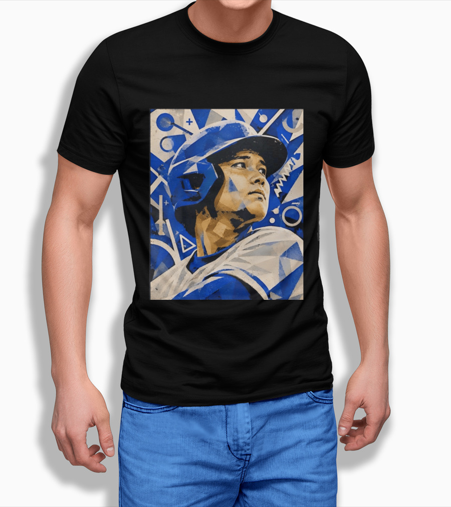 Baseball Player In Geometric Blue Abstract T-Shirt