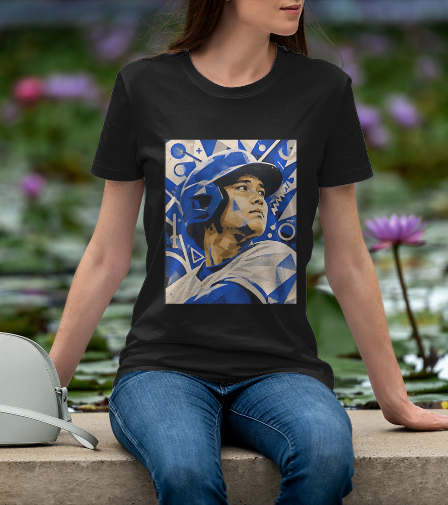 Baseball Player In Geometric Blue Abstract T-Shirt