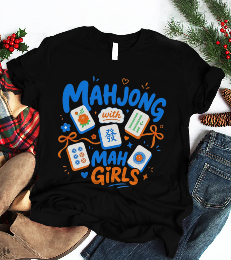 Mahjong With Mah Girls Flower And Bamboo Tiles Game Night T-Shirt