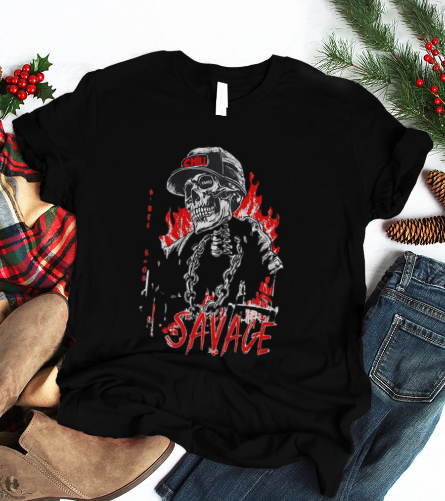 Street Ghost Chill Savage Skeleton Flames Red Black Chain T-Shirt