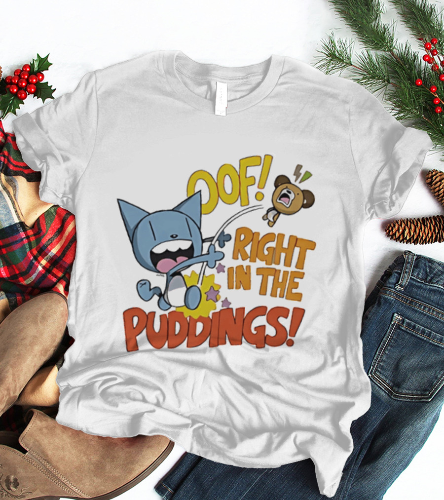 Looshkin Oof Right In The Puddings Funny Cat And Bear Cartoon Humor T-Shirt