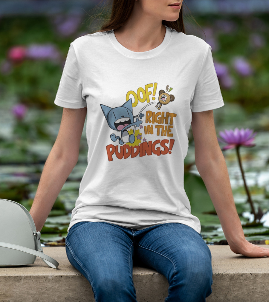 Looshkin Oof Right In The Puddings Funny Cat And Bear Cartoon Humor T-Shirt