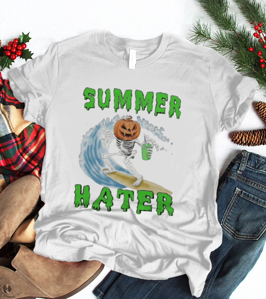 Skeleton With Pumpkin Head Surfing Wave Summer Hater T-Shirt
