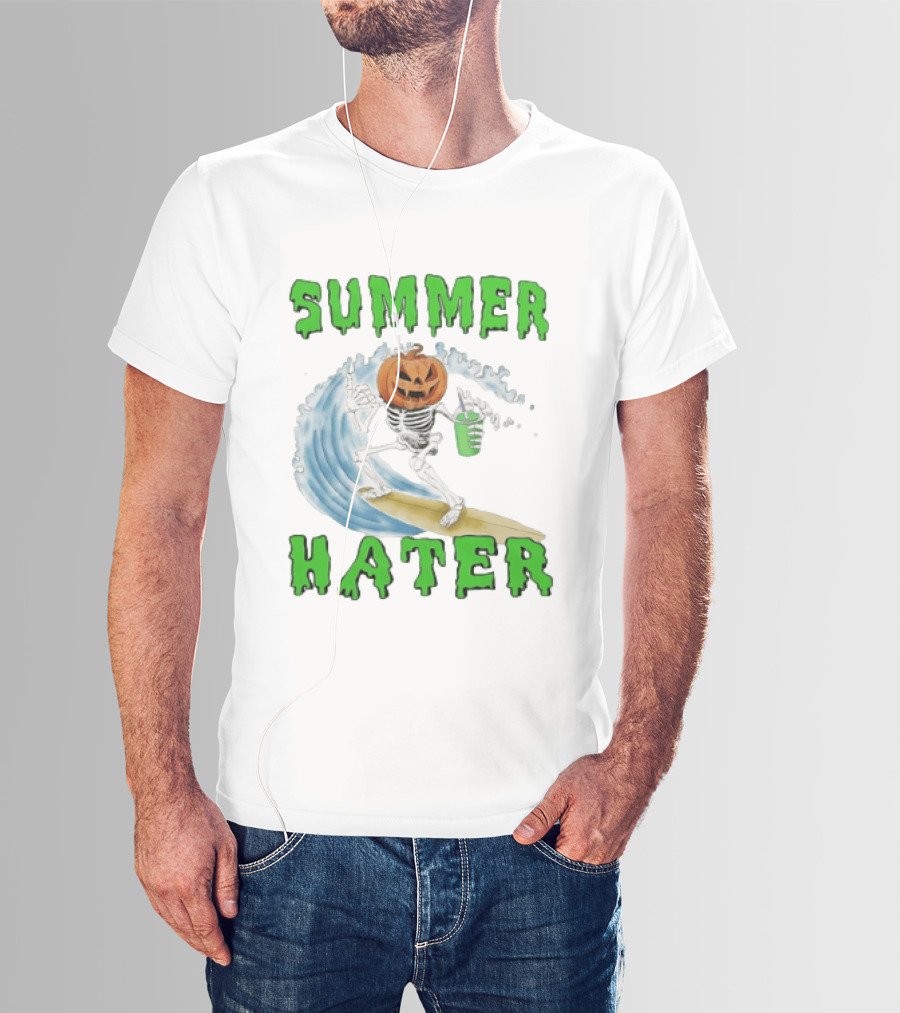 Skeleton With Pumpkin Head Surfing Wave Summer Hater T-Shirt
