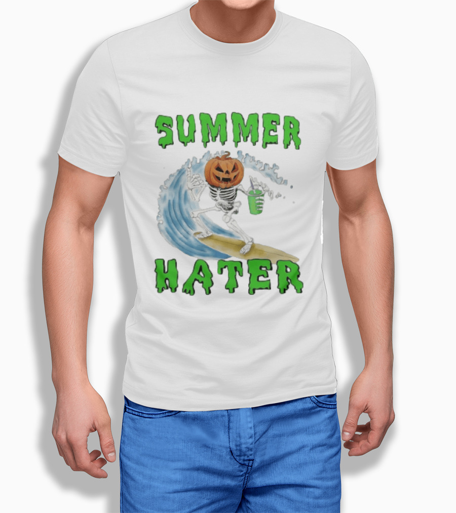 Skeleton With Pumpkin Head Surfing Wave Summer Hater T-Shirt