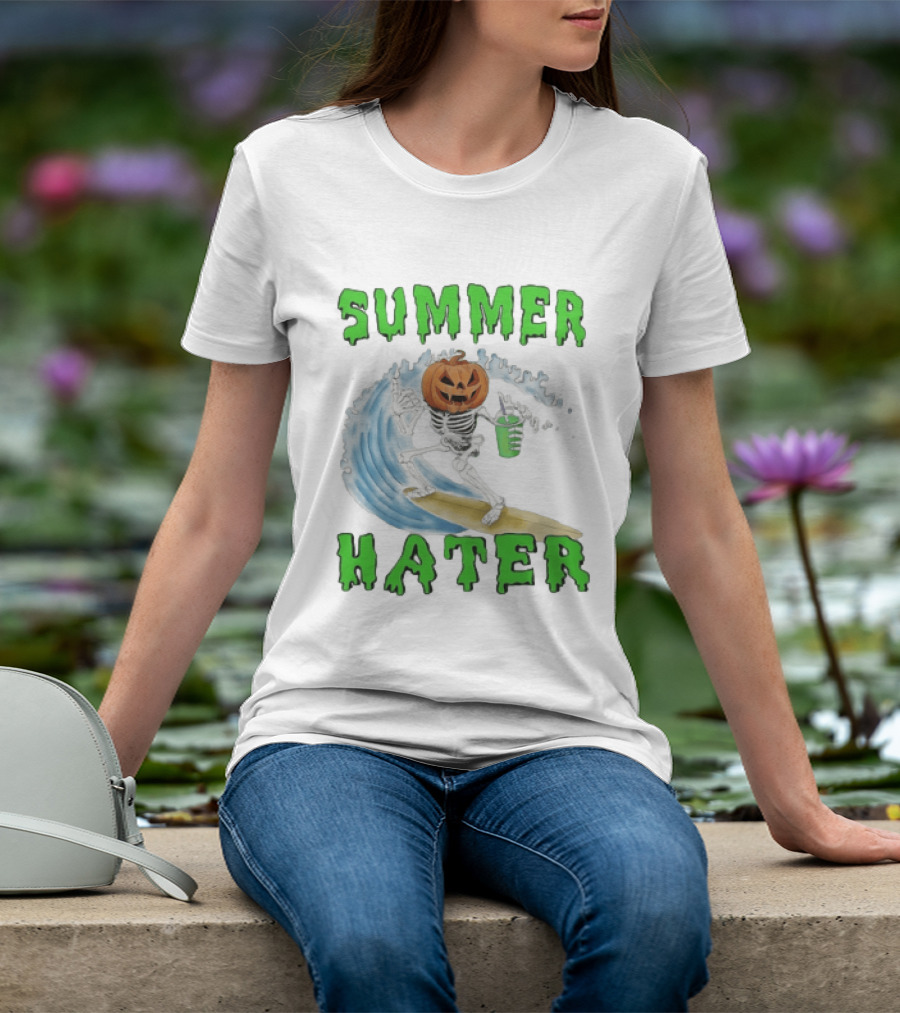 Skeleton With Pumpkin Head Surfing Wave Summer Hater T-Shirt