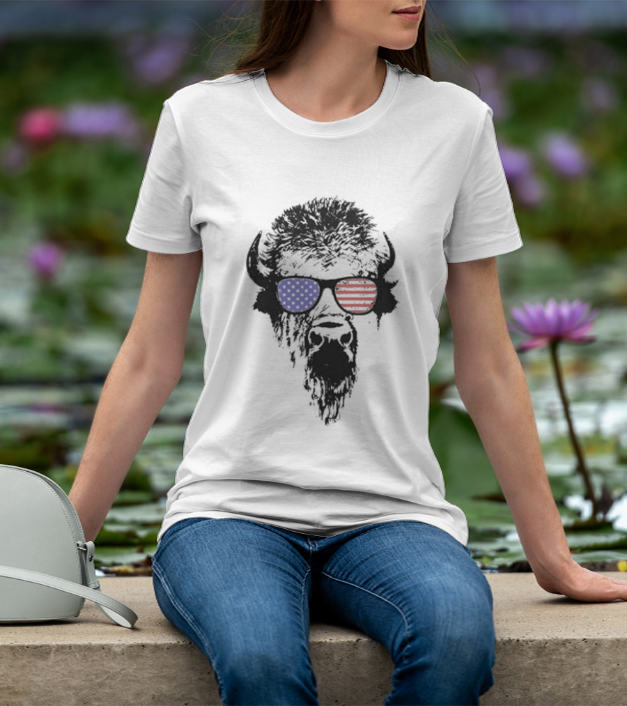 Patriotic Buffalo With USA Flag Red White Blue Sunglasses T-Shirt