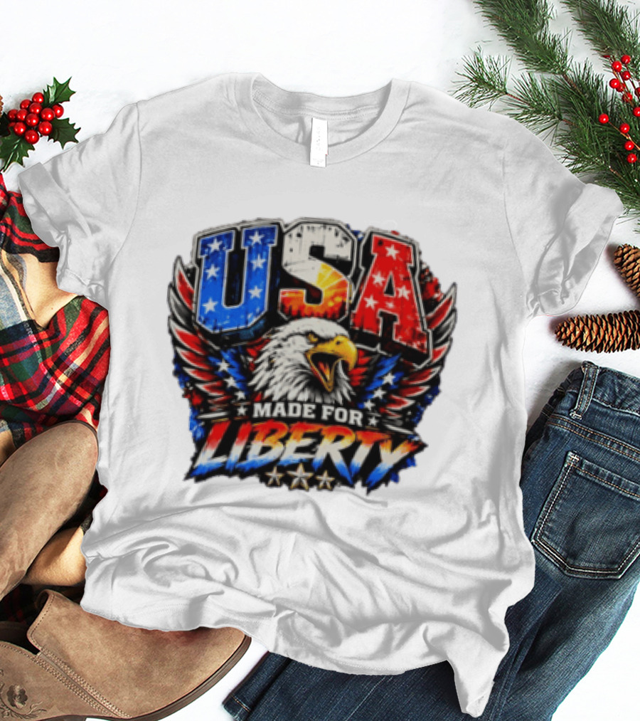 USA Eagle Made For Liberty Patriotic American Flag Stars T-Shirt