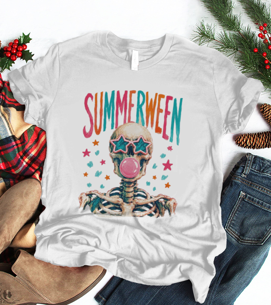 Summerween Skeleton Bubblegum Skull With Star Sunglasses T-Shirt