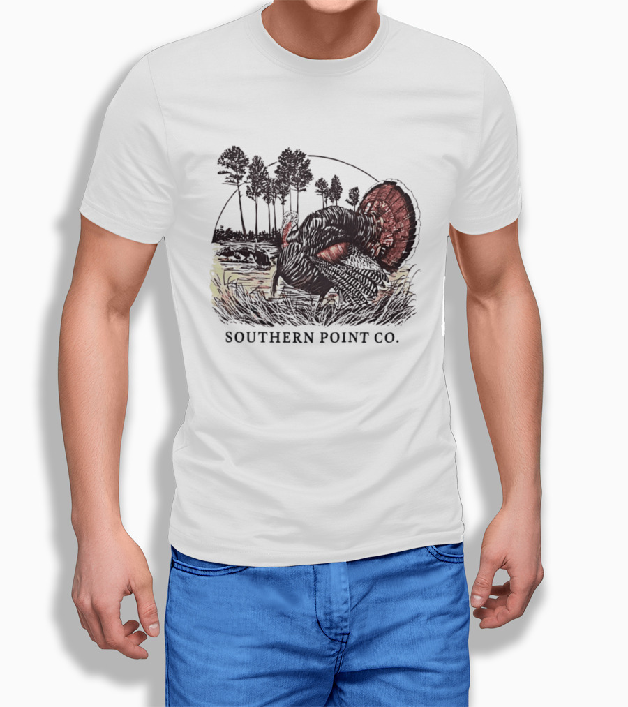 Southern Point Co. Turkey Strutting In The Field With Pine Trees And Horizon Scene T-Shirt